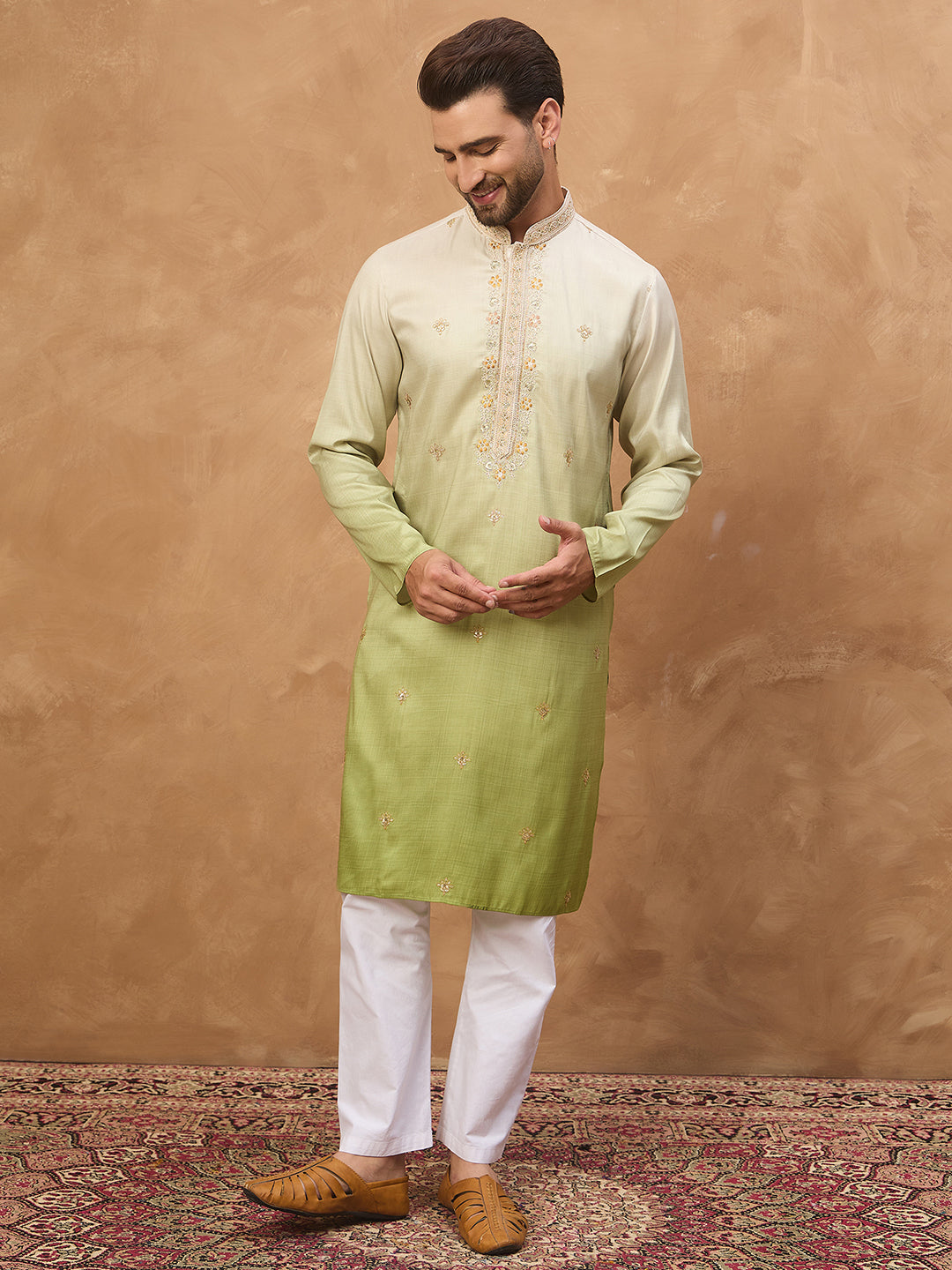 Men Green Silk Blend Solid Embroidered Straight Kurta-MKU1488