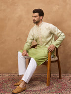 Men Green Silk Blend Solid Embroidered Straight Kurta-MKU1488