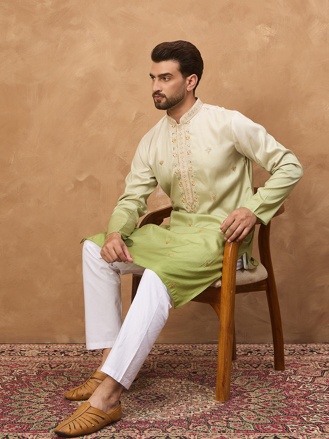 Men Green Silk Blend Solid Embroidered Straight Kurta-MKU1488