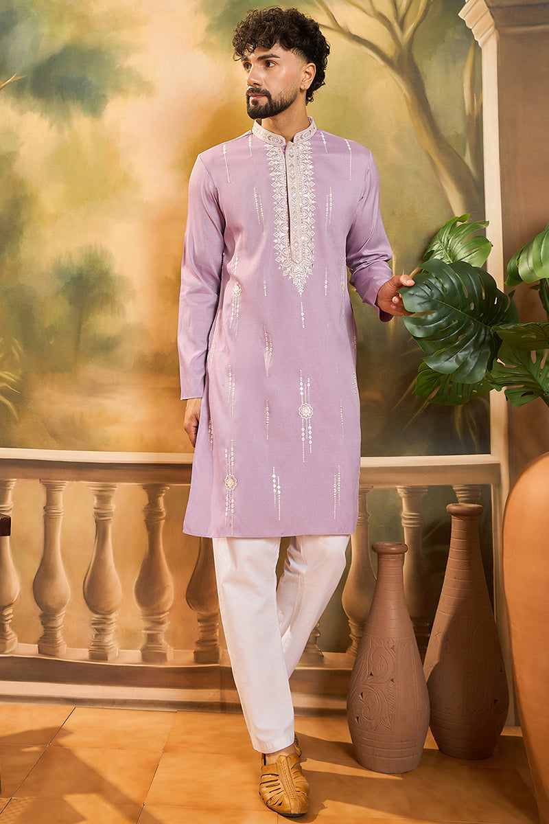 Lavender Silk Blend Solid Embroidered Straight Kurta MKU1489