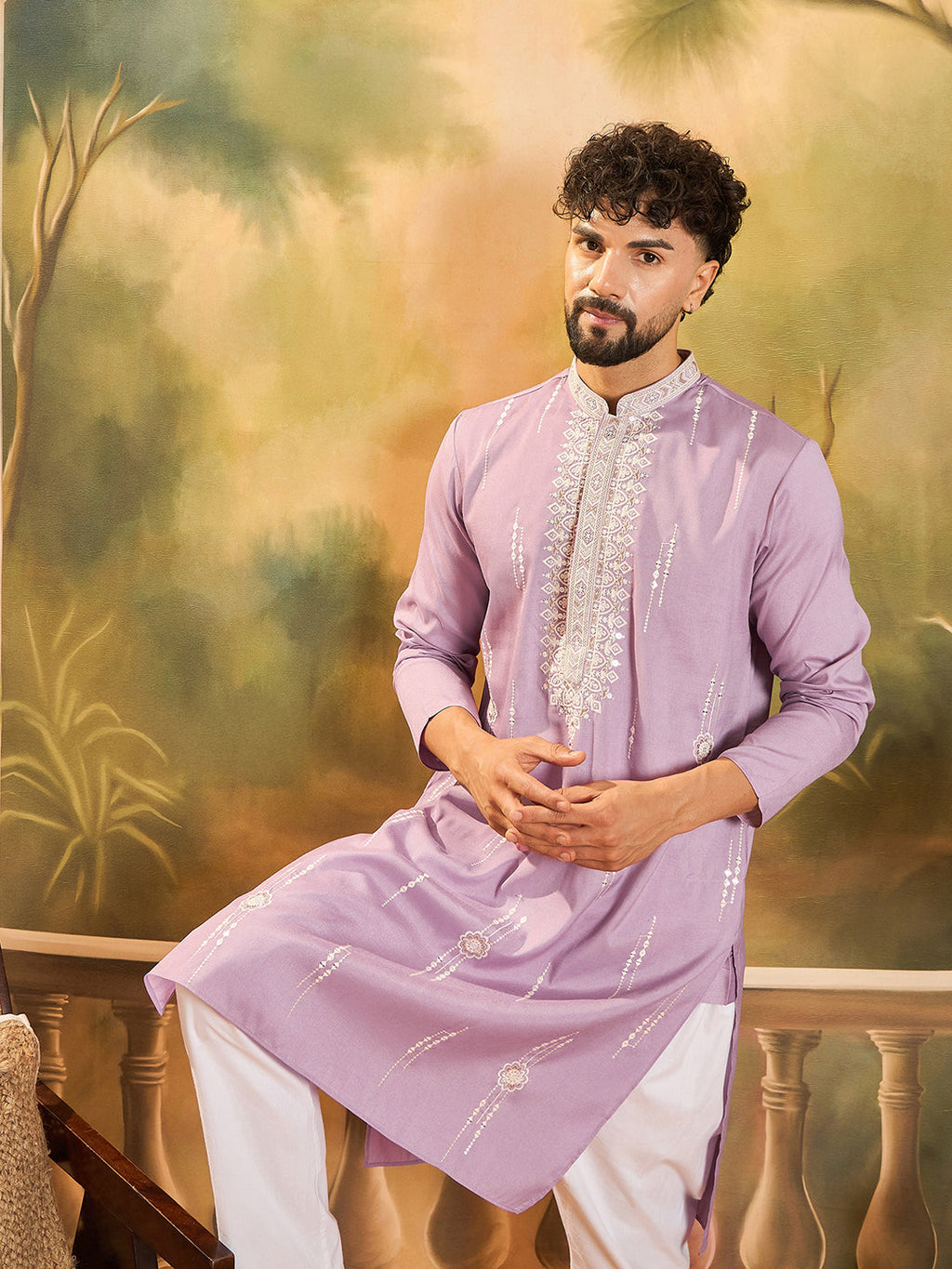 Men Lavender Silk Blend Solid Embroidered Straight Kurta with Trouser-MKSET1489