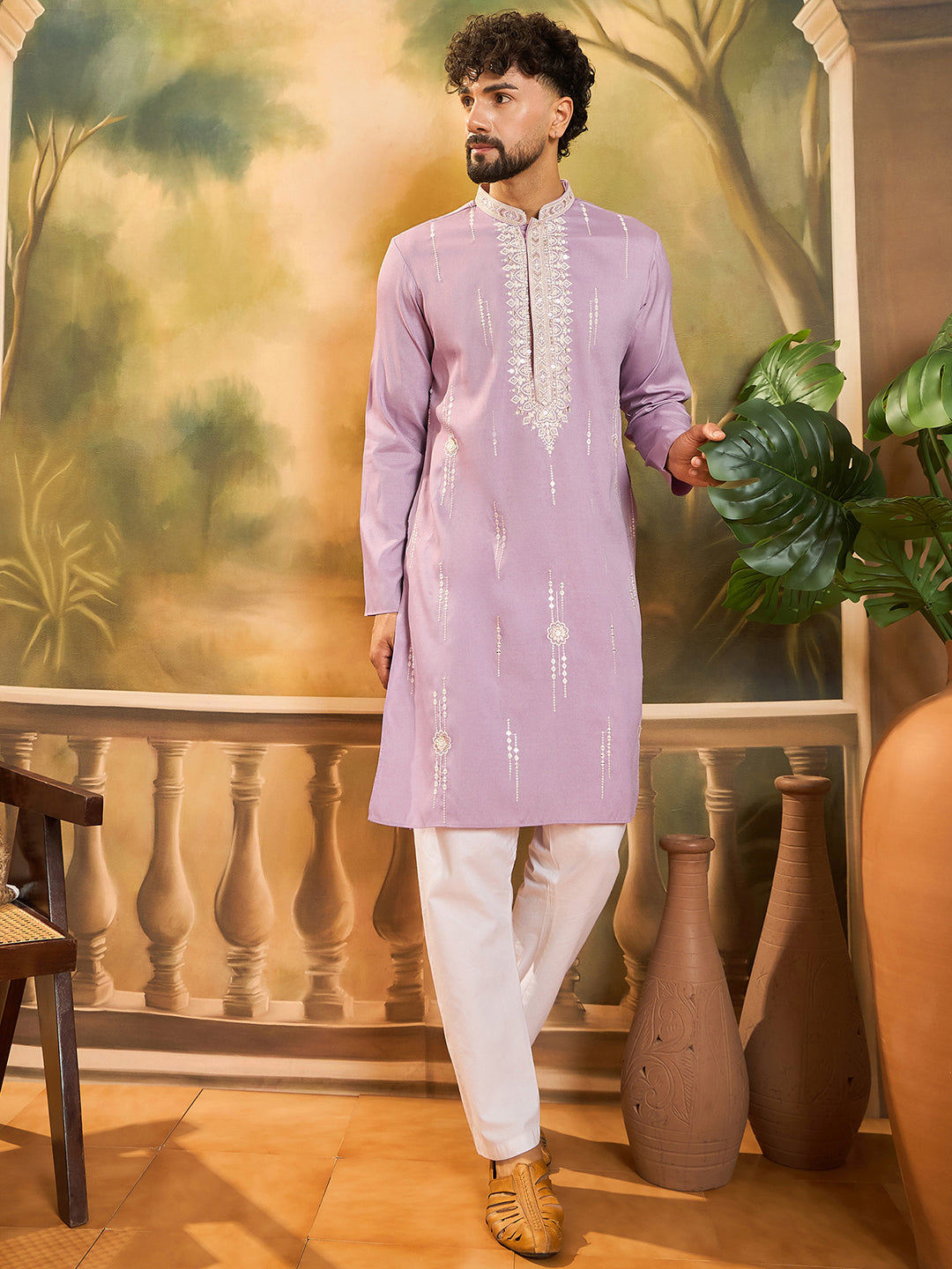 Men Lavender Silk Blend Solid Embroidered Straight Kurta with Trouser-MKSET1489