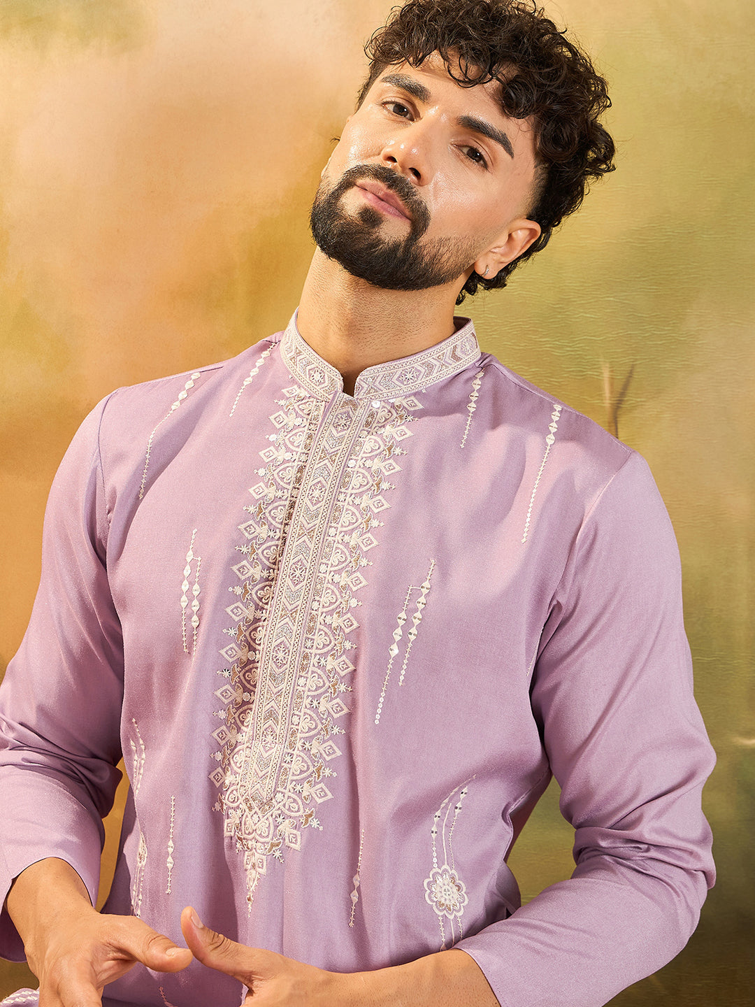 Men Lavender Silk Blend Solid Embroidered Straight Kurta with Trouser-MKSET1489