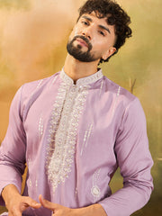 Men Lavender Silk Blend Solid Embroidered Straight Kurta with Trouser-MKSET1489
