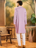 Men Lavender Silk Blend Solid Embroidered Straight Kurta with Trouser-MKSET1489