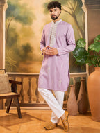 Men Lavender Silk Blend Solid Embroidered Straight Kurta with Trouser-MKSET1489