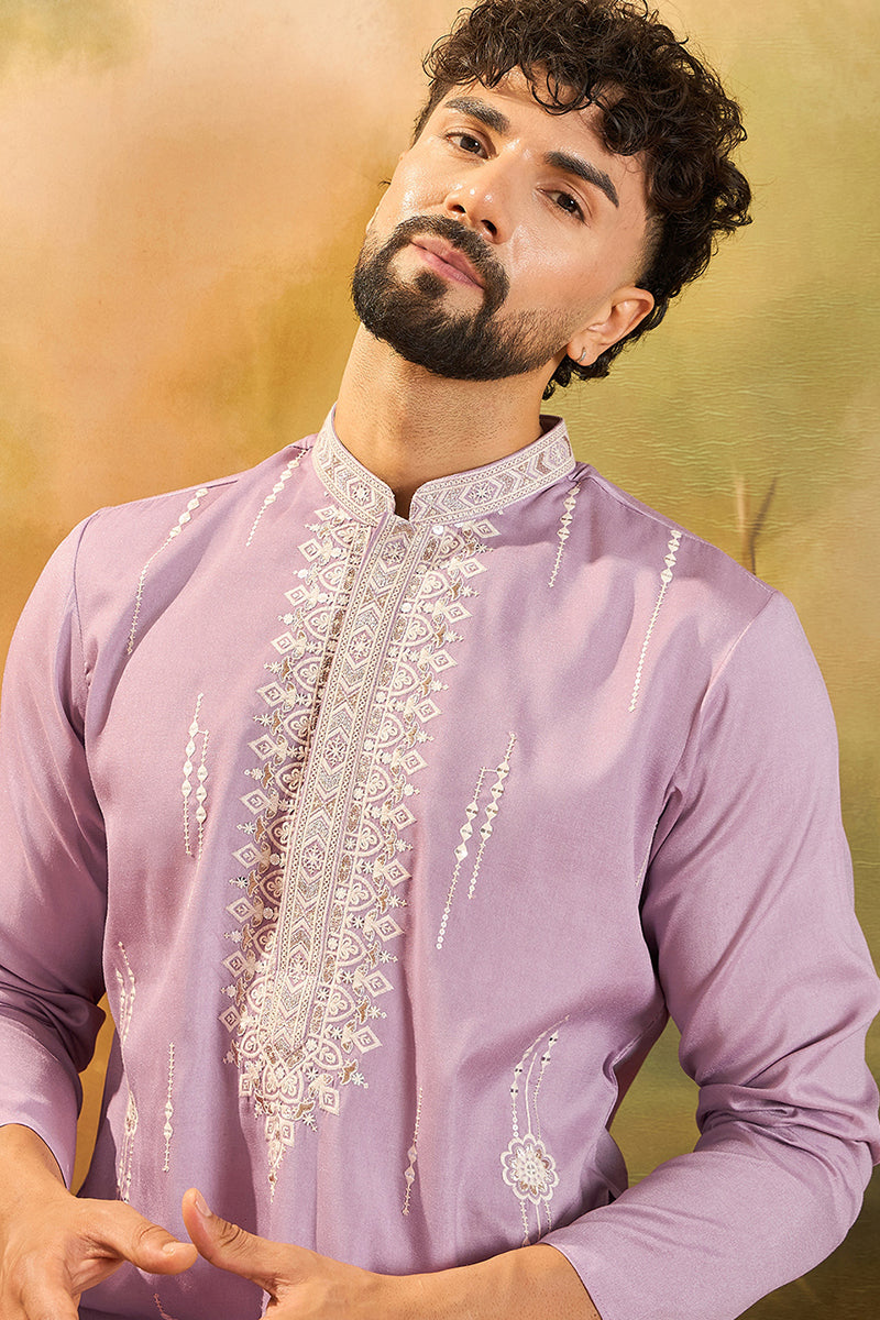 Lavender Silk Blend Solid Embroidered Straight Kurta MKU1489
