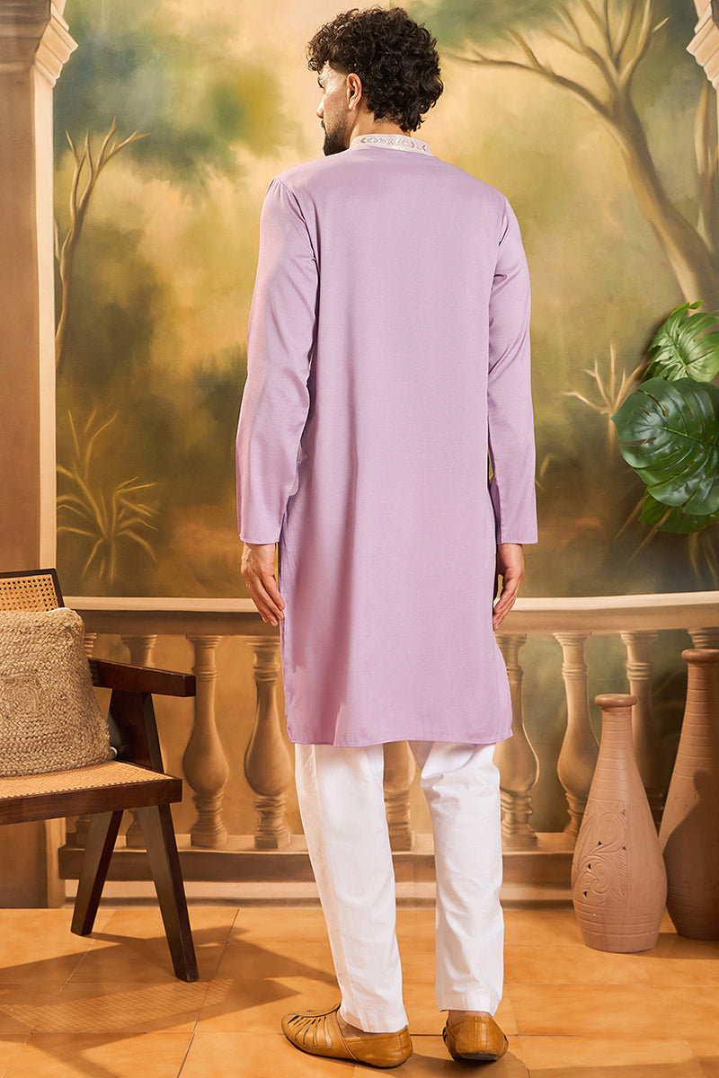 Lavender Silk Blend Solid Embroidered Straight Kurta MKU1489