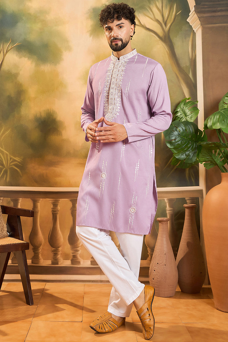 Lavender Silk Blend Solid Embroidered Straight Kurta MKU1489