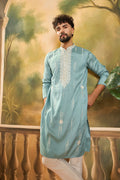 Blue Silk Blend Solid Embroidered Straight Kurta MKU1490