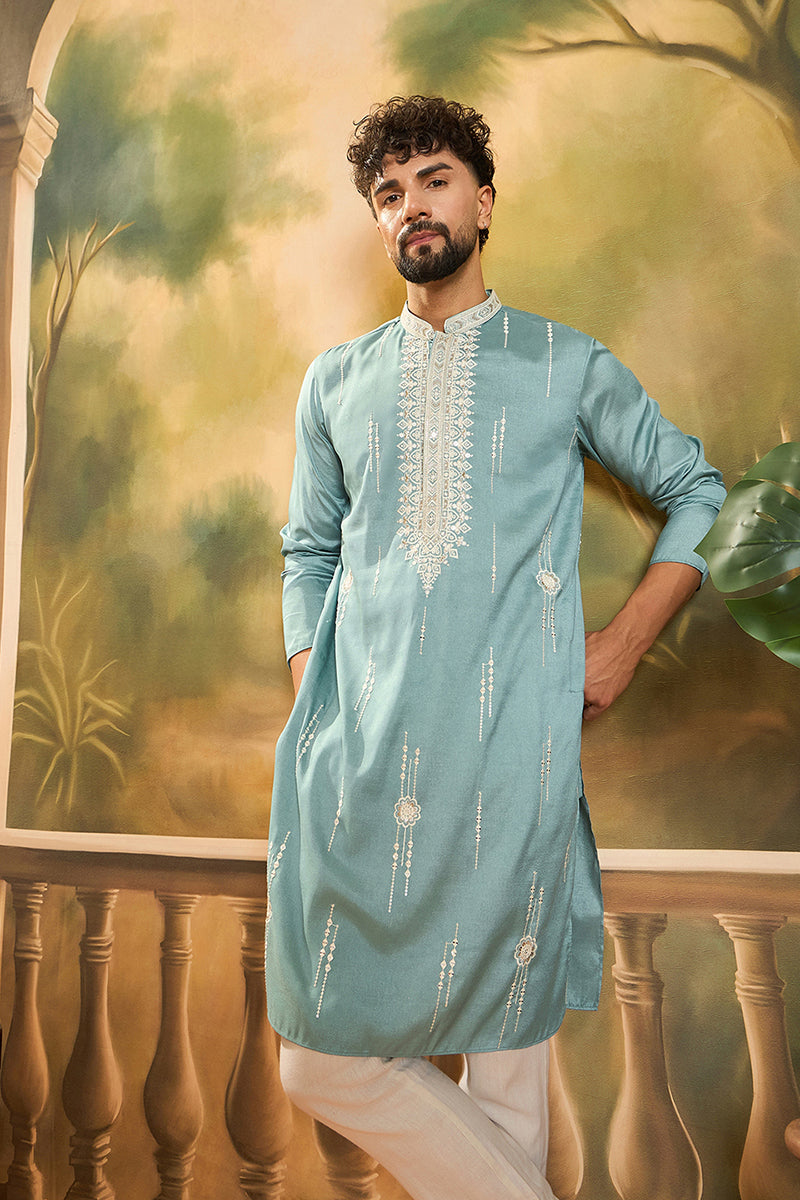 Blue Silk Blend Solid Embroidered Straight Kurta MKU1490