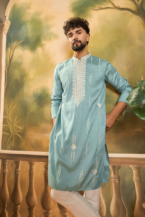 Blue Silk Blend Solid Embroidered Straight Kurta MKU1490