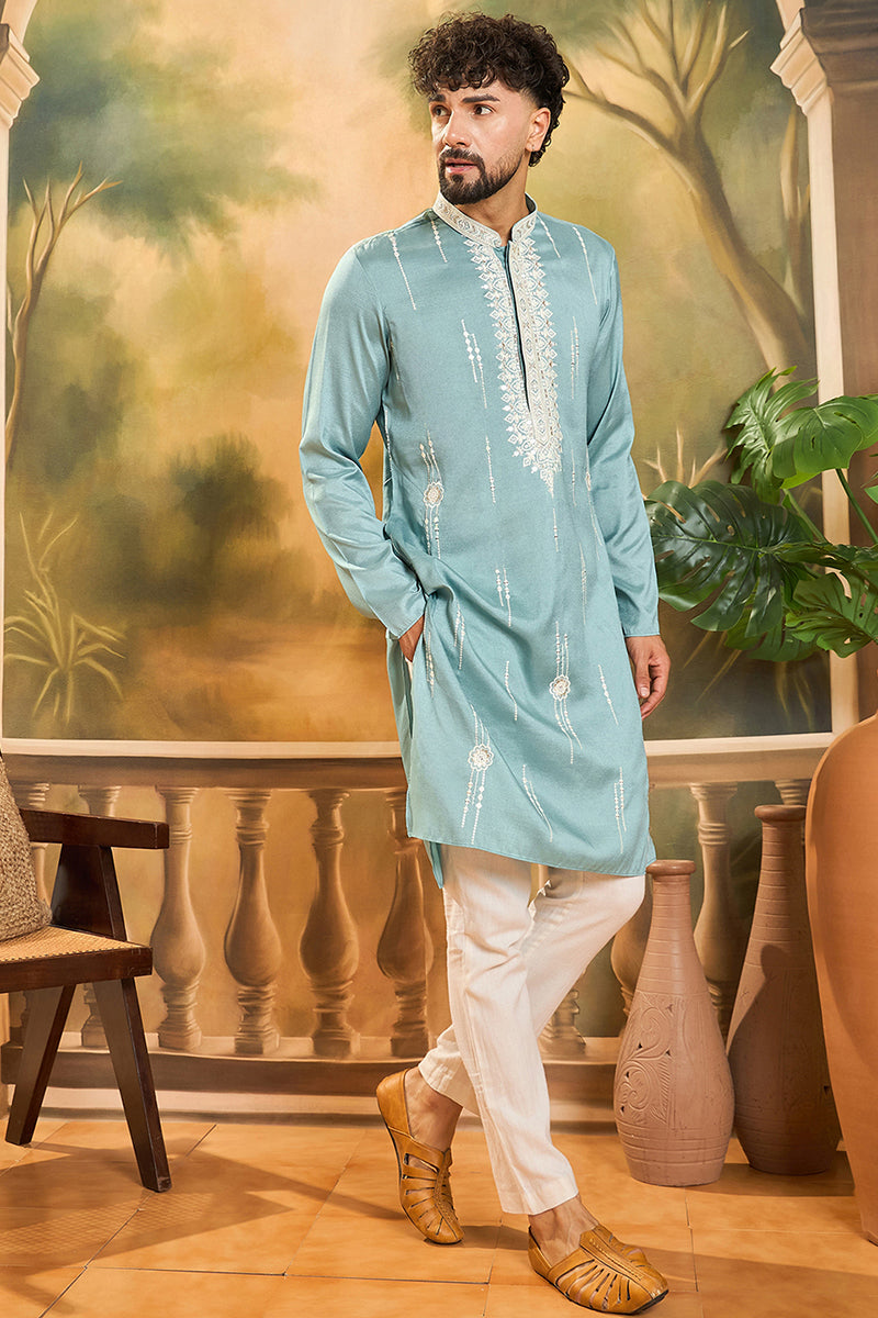 Blue Silk Blend Solid Embroidered Straight Kurta MKU1490