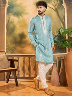 Men Blue Silk Blend Solid Embroidered Straight Kurta with Trouser-MKSET1490