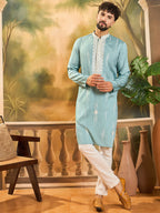 Men Blue Silk Blend Solid Embroidered Straight Kurta with Trouser-MKSET1490