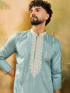 Men Blue Silk Blend Solid Embroidered Straight Kurta with Trouser-MKSET1490