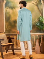 Men Blue Silk Blend Solid Embroidered Straight Kurta with Trouser-MKSET1490