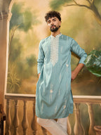 Men Blue Silk Blend Solid Embroidered Straight Kurta with Trouser-MKSET1490