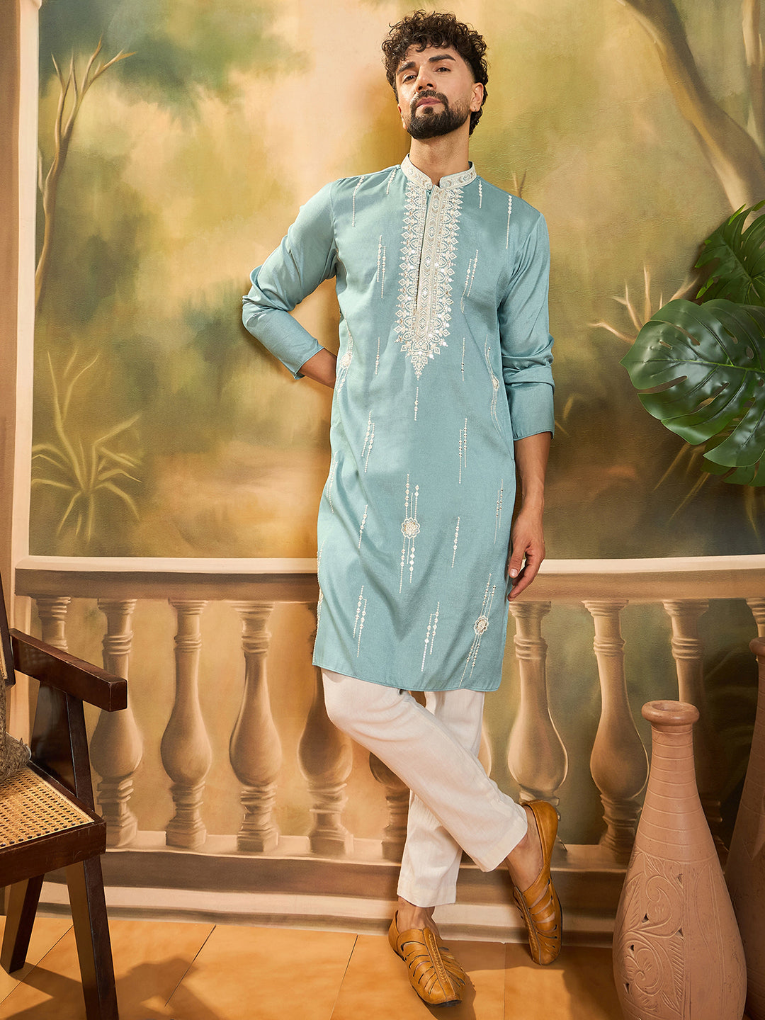 Men Blue Silk Blend Solid Embroidered Straight Kurta with Trouser-MKSET1490