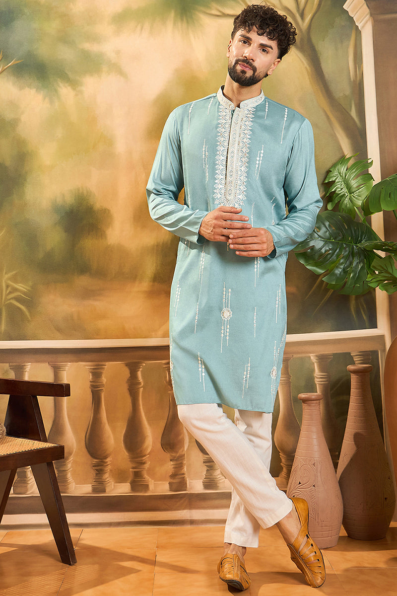 Blue Silk Blend Solid Embroidered Straight Kurta MKU1490