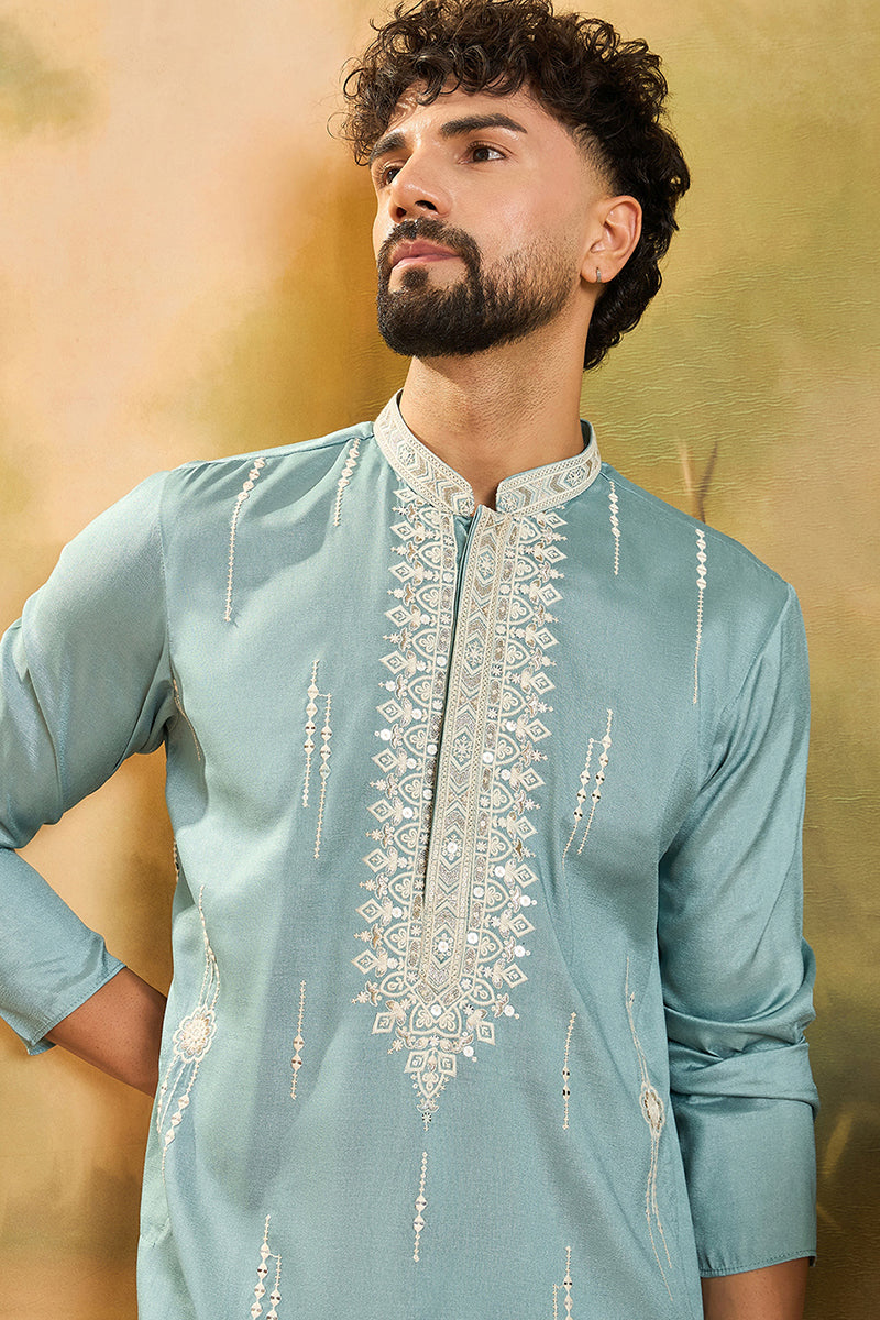 Blue Silk Blend Solid Embroidered Straight Kurta MKU1490