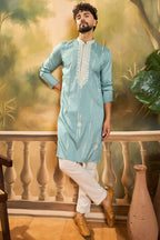Blue Silk Blend Solid Embroidered Straight Kurta MKU1490