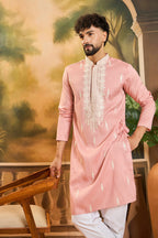 Peach Silk Blend Solid Embroidered Straight Kurta MKU1491