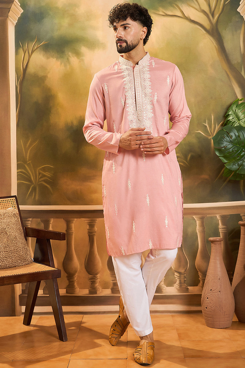 Peach Silk Blend Solid Embroidered Straight Kurta MKU1491