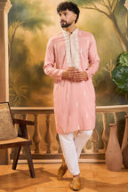 Peach Silk Blend Solid Embroidered Straight Kurta MKU1491