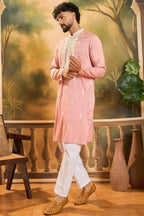 Peach Silk Blend Solid Embroidered Straight Kurta MKU1491