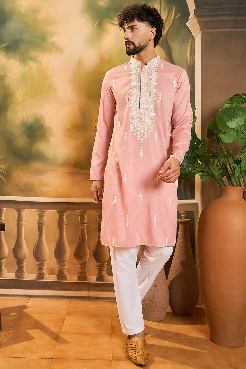 Peach Silk Blend Solid Embroidered Straight Kurta MKU1491