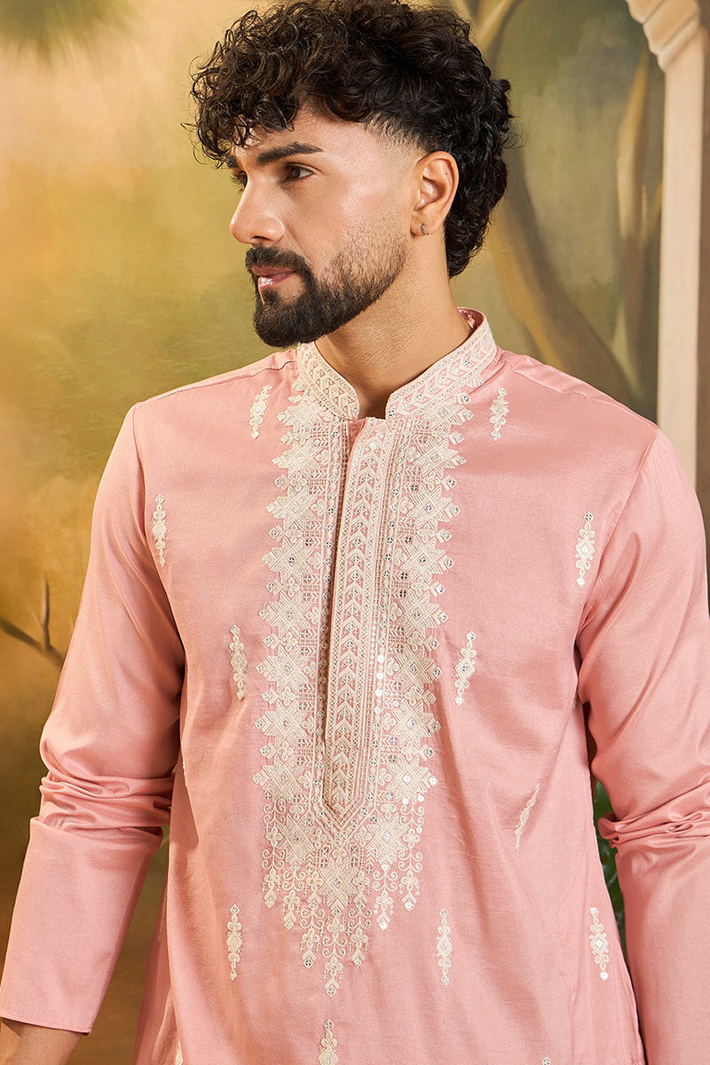 Peach Silk Blend Solid Embroidered Straight Kurta MKU1491