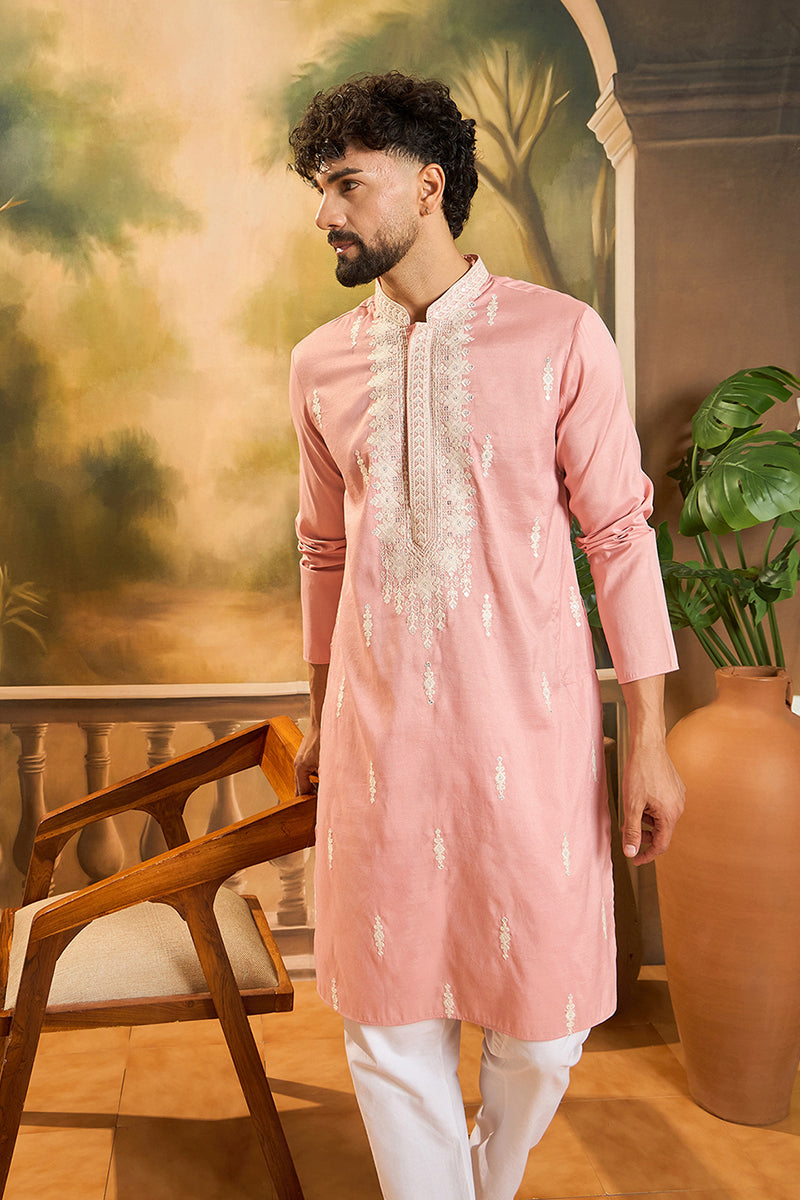 Peach Silk Blend Solid Embroidered Straight Kurta MKU1491
