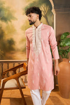 Peach Silk Blend Solid Embroidered Straight Kurta MKU1491