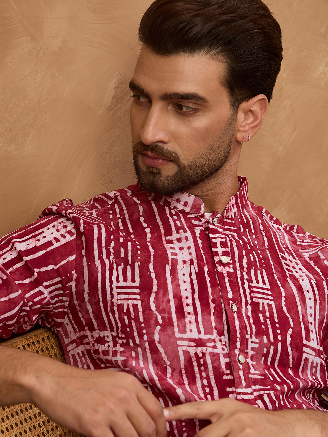 Men Red Viscose Rayon Batik Embroidered Straight Kurta-MKU1499