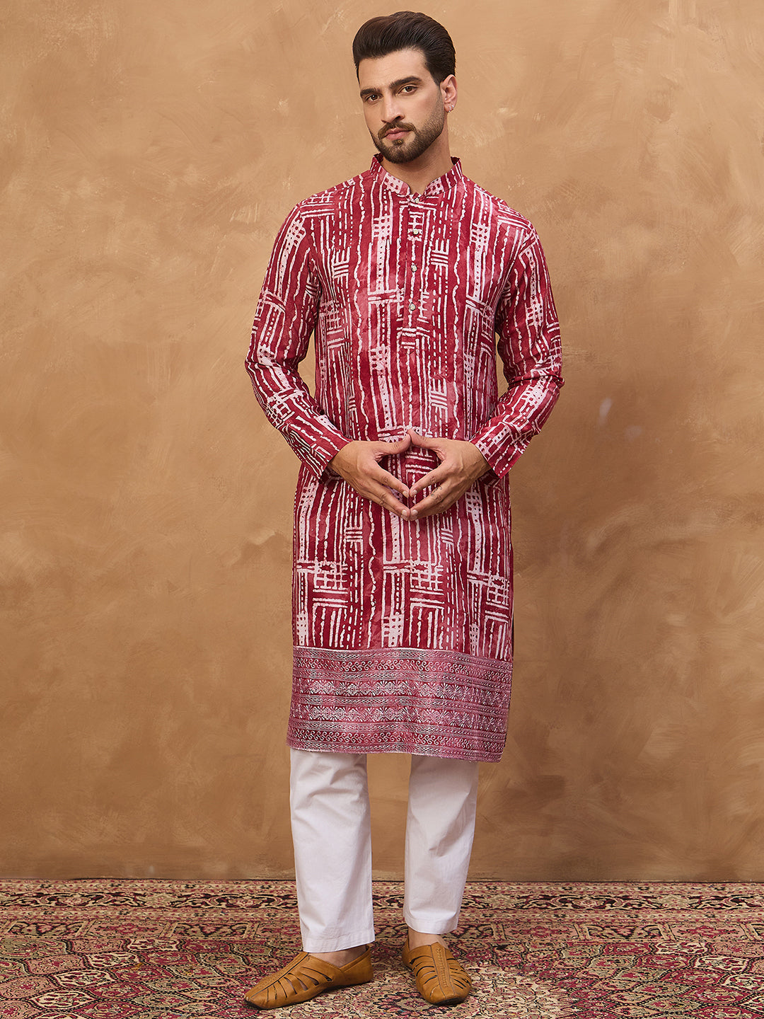 Men Red Viscose Rayon Batik Embroidered Straight Kurta-MKU1499