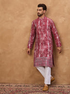Men Red Viscose Rayon Batik Embroidered Straight Kurta-MKU1499