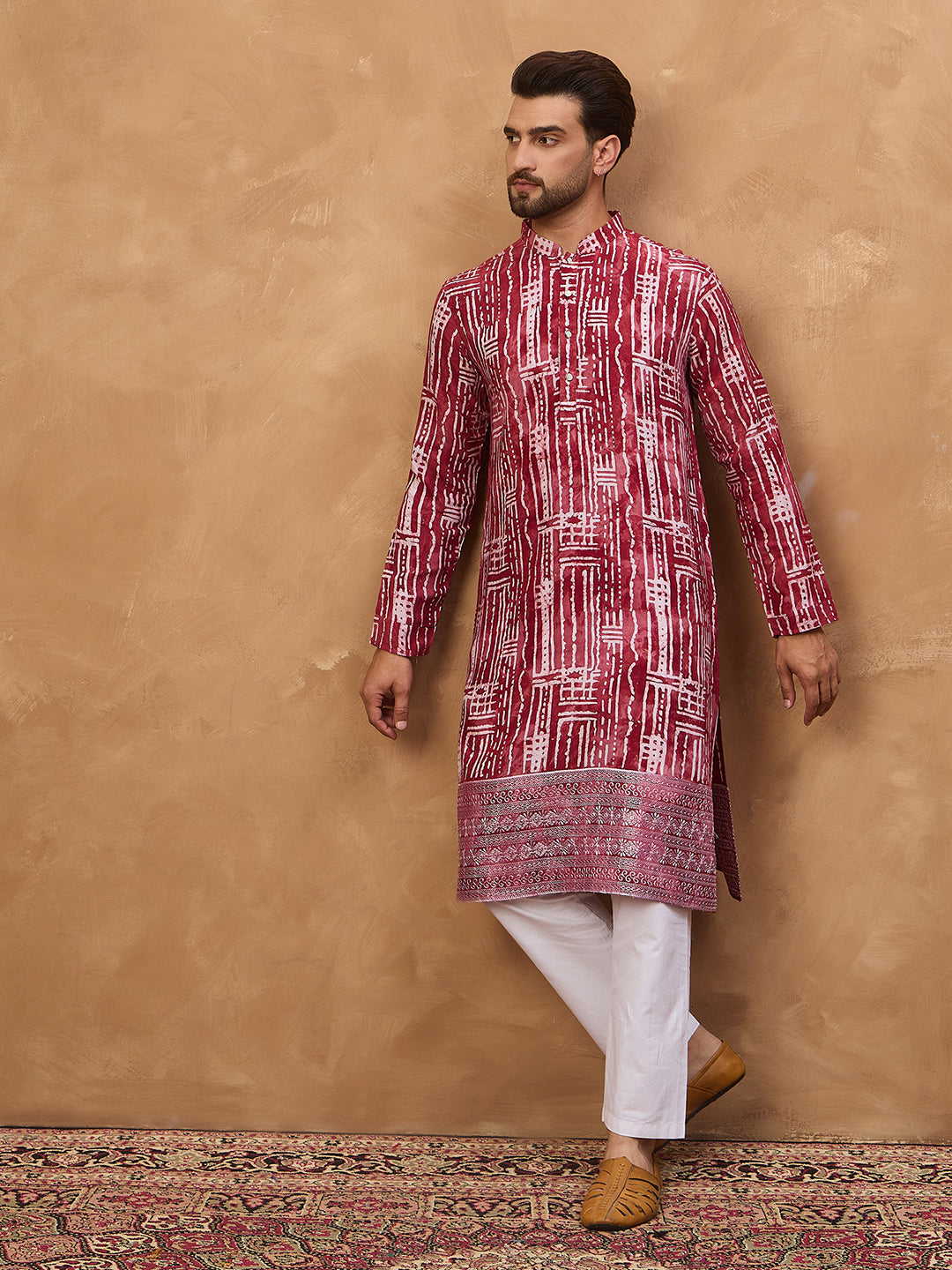Men Red Viscose Rayon Batik Embroidered Straight Kurta-MKU1499