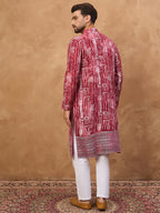 Men Red Viscose Rayon Batik Embroidered Straight Kurta-MKU1499