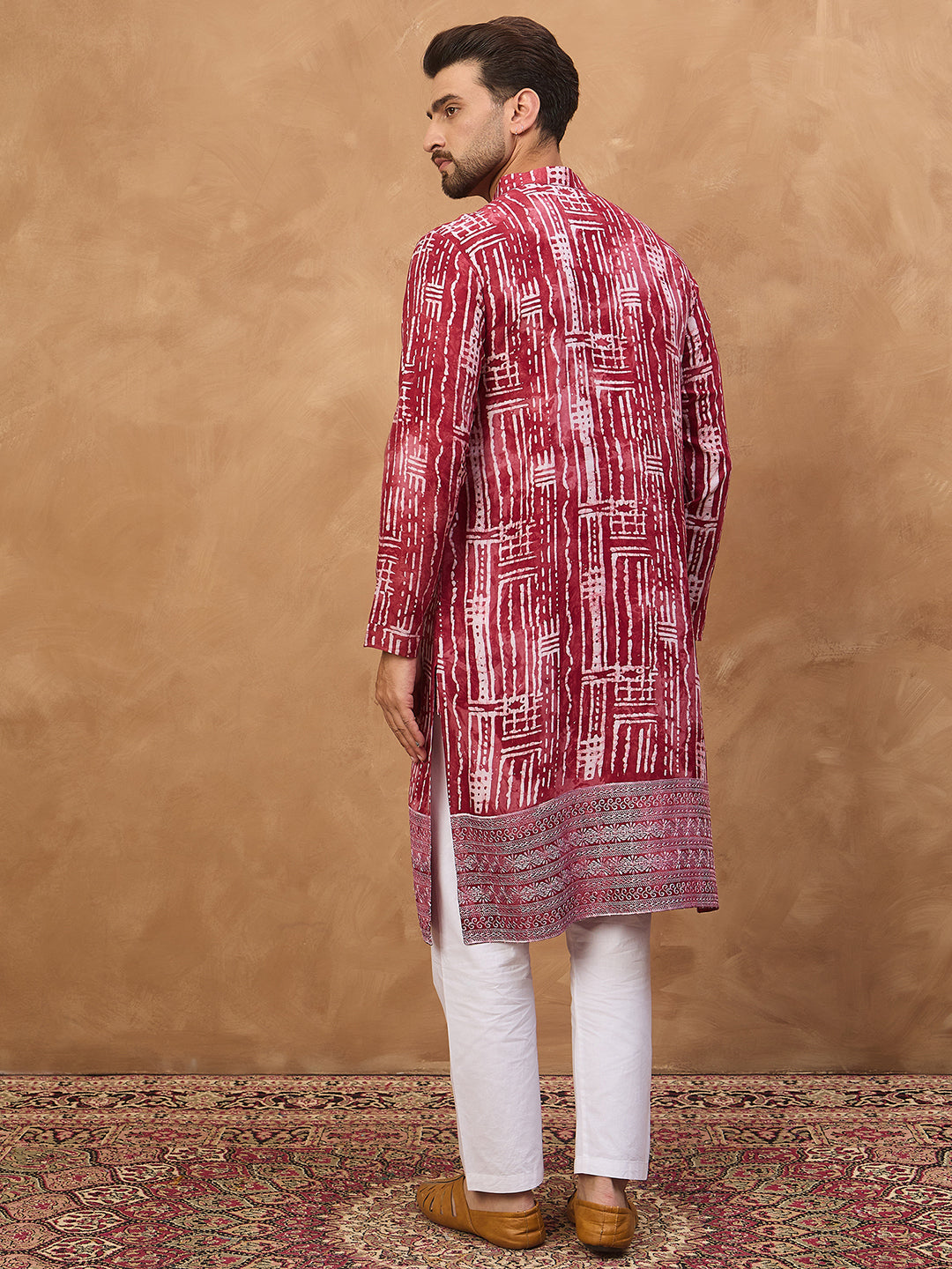Men Red Viscose Rayon Batik Embroidered Straight Kurta-MKU1499