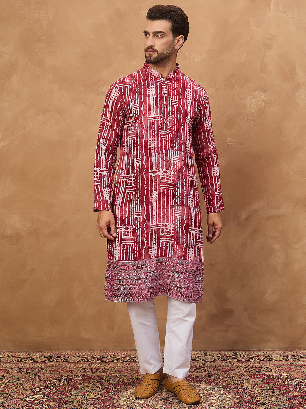 Men Red Viscose Rayon Batik Embroidered Straight Kurta-MKU1499