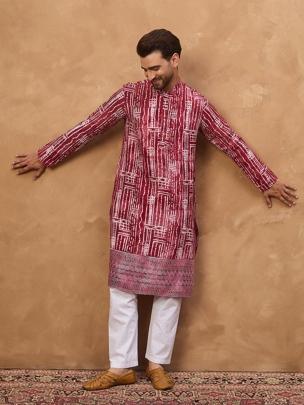 Men Red Viscose Rayon Batik Embroidered Straight Kurta-MKU1499