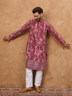 Men Red Viscose Rayon Batik Embroidered Straight Kurta-MKU1499