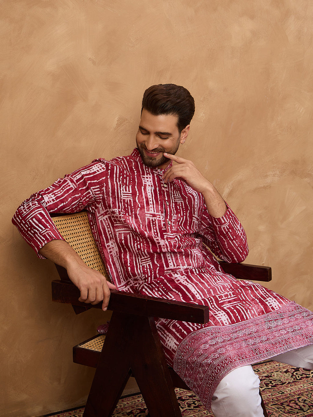 Men Red Viscose Rayon Batik Embroidered Straight Kurta-MKU1499