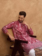 Men Red Viscose Rayon Batik Embroidered Straight Kurta-MKU1499