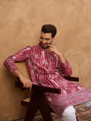 Men Red Viscose Rayon Batik Embroidered Straight Kurta-MKU1499