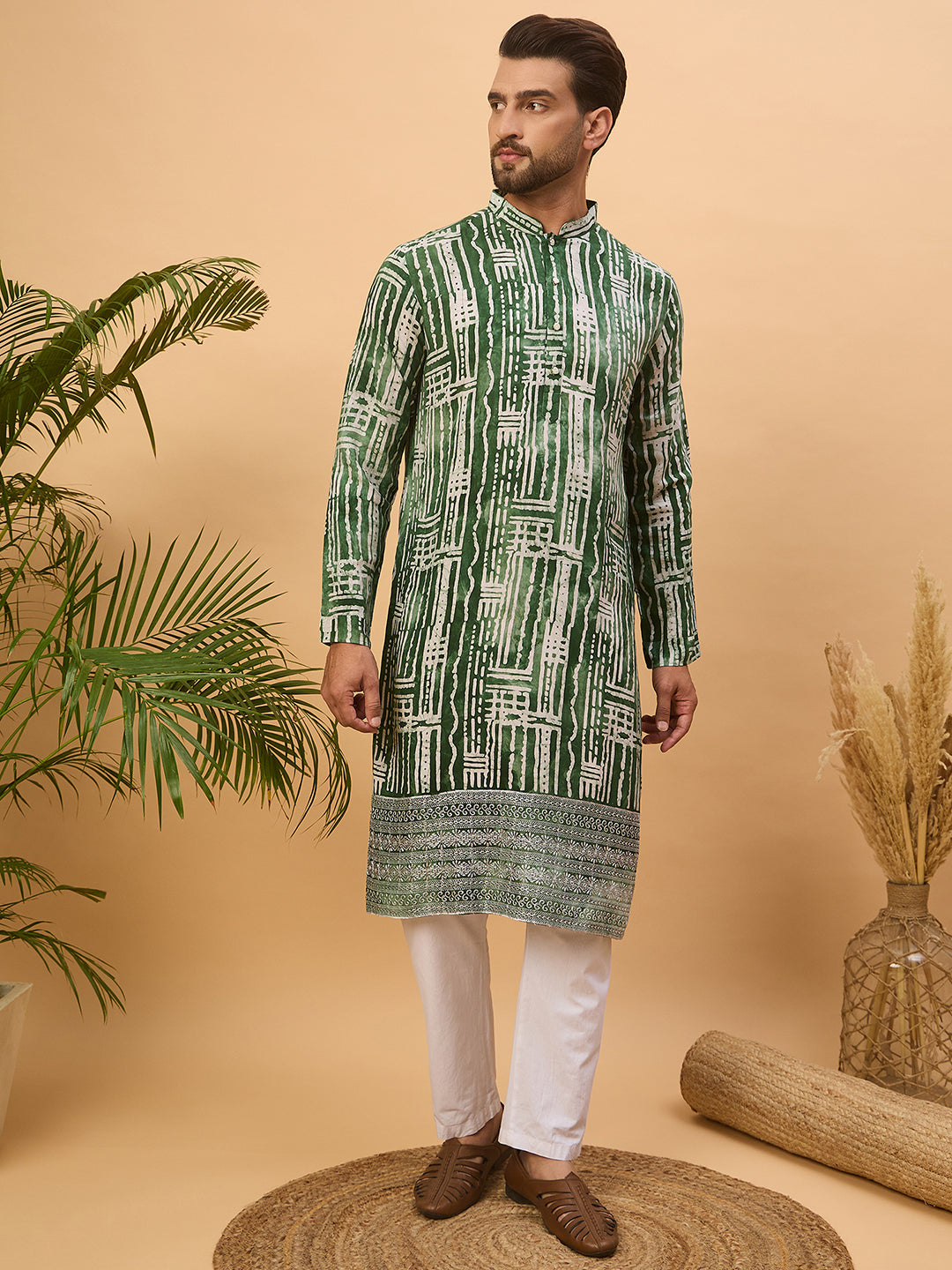 Men Green Viscose Rayon Batik Embroidered Straight Kurta-MKU1500