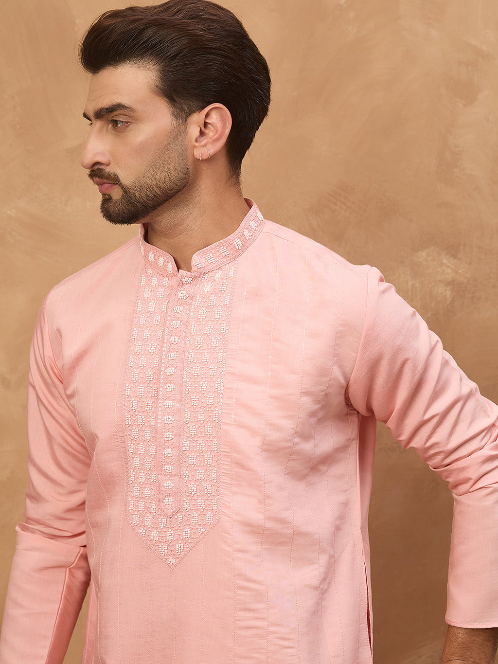 Men Peach Silk Blend Solid Solid Straight Kurta-MKU1506