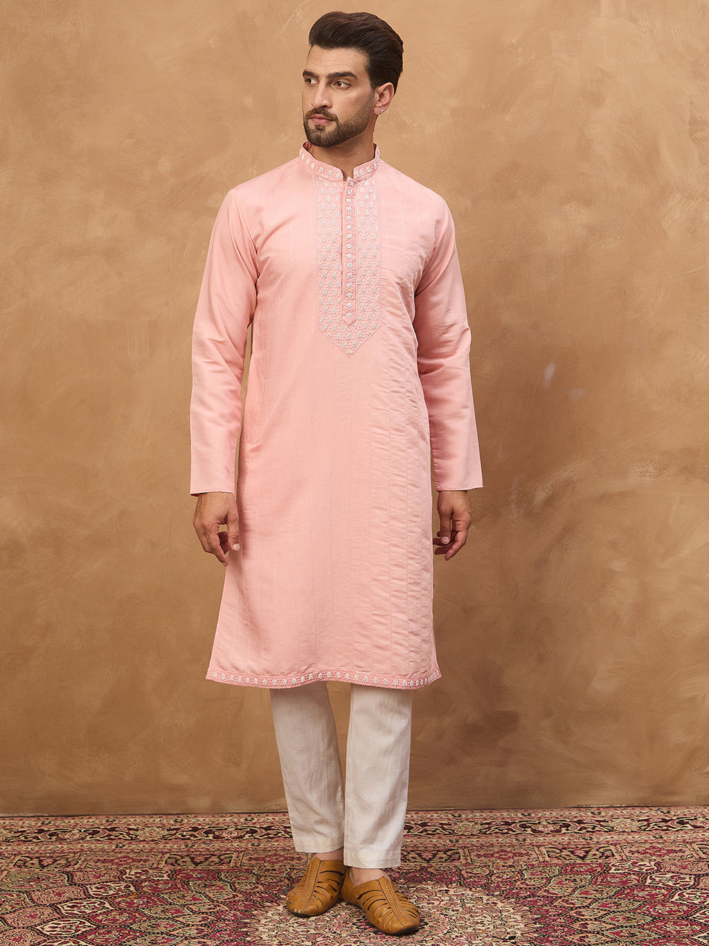 Men Peach Silk Blend Solid Solid Straight Kurta-MKU1506
