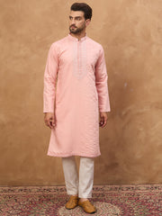 Men Peach Silk Blend Solid Solid Straight Kurta-MKU1506